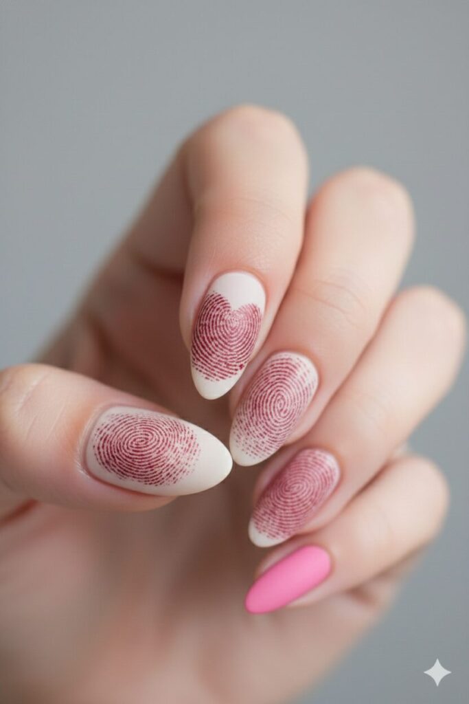 Unique valentines nails stamped with real red fingerprints forming a heart shape.