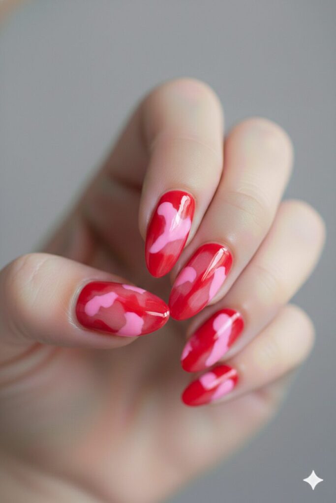 Trendy jelly valentines nails with sheer see-through red and pink polish.
Metallic Foil Hearts