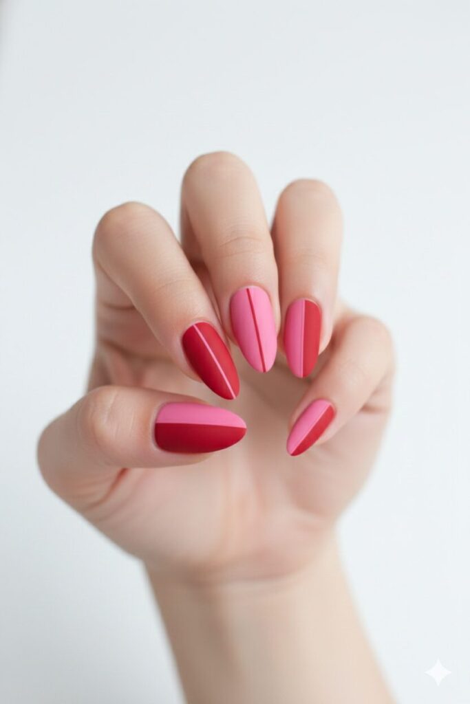 Modern geometric valentines nails with a vertical red and pink color split.
The "Thumbprint" Heart