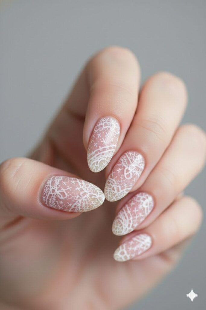 Feminine sheer pink nails with delicate white lines resembling vintage lace fabric.