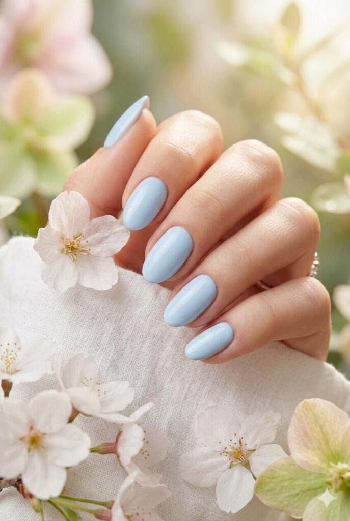 Powder blue spring nails with soft delicate shade like clear spring skies, dreamy calming manicure for spring 2026