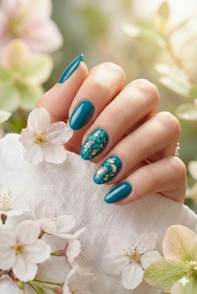 Teal blue spring nails with sophisticated blue-green shade like tropical waters, elegant unique manicure for spring 2026