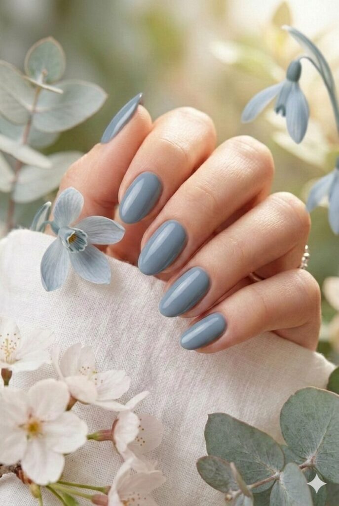 Steel blue spring nails with sophisticated gray-blue shade, professional elegant work-appropriate manicure for spring 2026