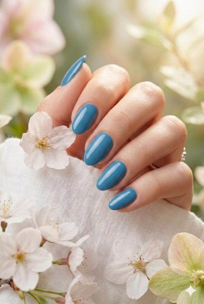 Ocean blue spring nails with rich deep sea water shade, calming coastal vacation manicure for spring 2026