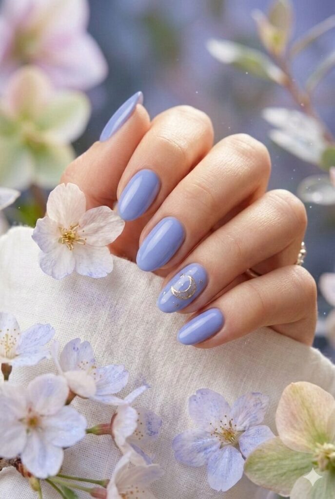 Periwinkle spring nails with soft magical blue-purple shade, romantic dreamy twilight manicure for spring 2026