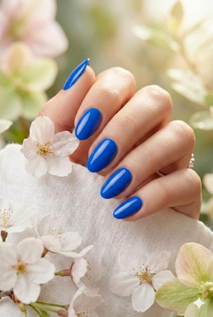 Cobalt blue spring nails with pure intense striking shade like precious gems, powerful timeless manicure for spring 2026