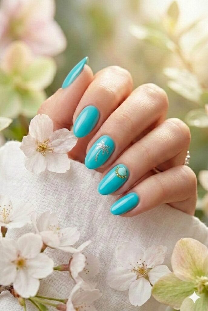 Turquoise spring nails with bright blue-green tropical shade, cheerful vacation beach manicure for spring 2026