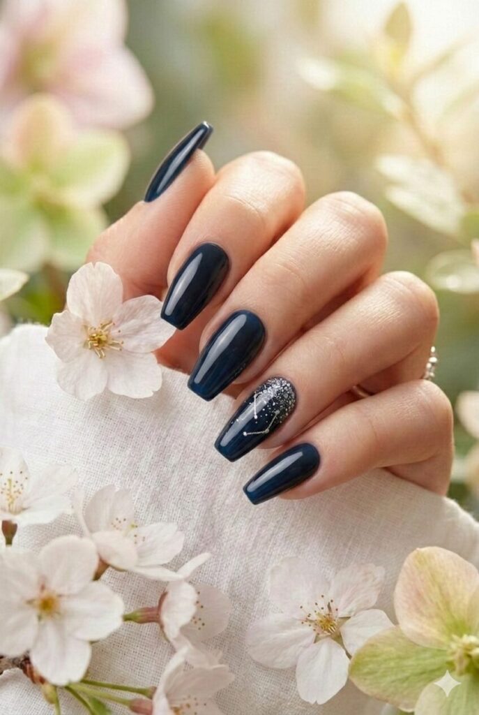 Midnight blue spring nails with deep dark sophisticated shade, luxurious dramatic elegant manicure for spring 2026
