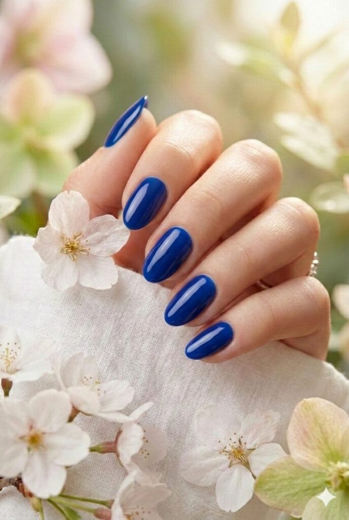 Royal blue spring nails with rich deep regal shade, luxurious sophisticated majestic manicure for spring 2026