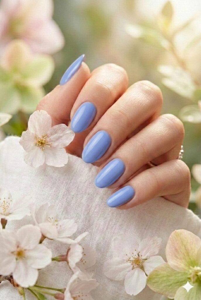 Cornflower blue spring nails with soft gentle wildflower shade, feminine romantic garden manicure for spring 2026