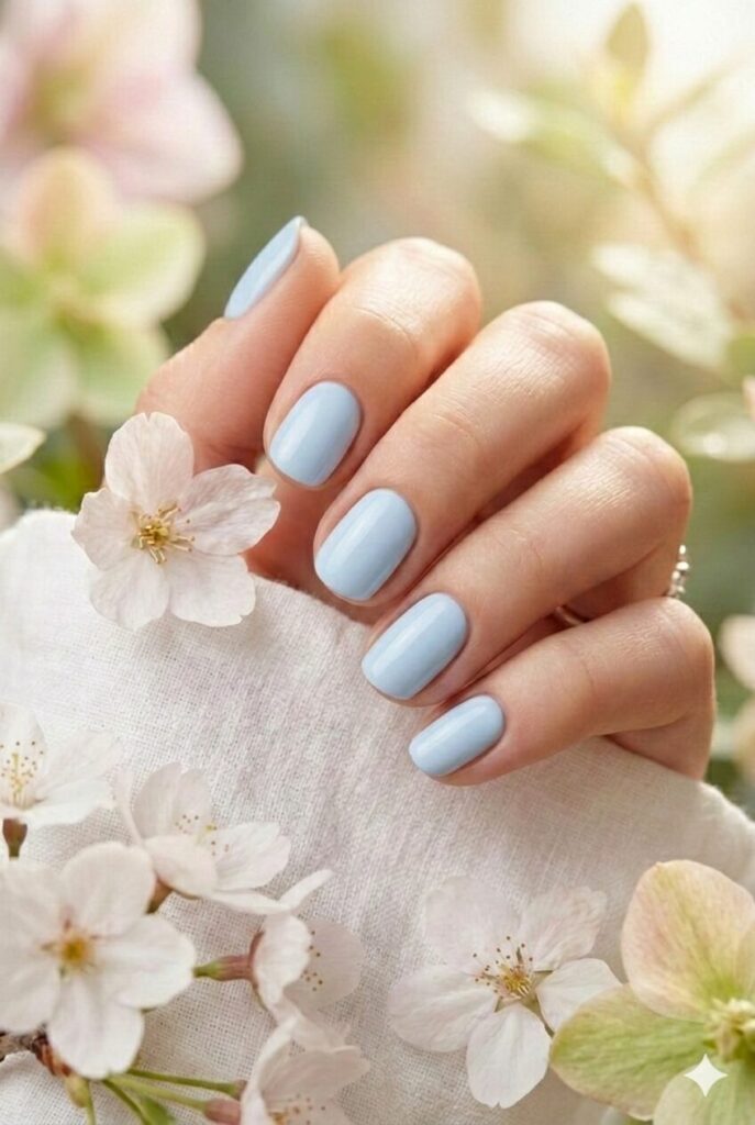 Baby blue spring nails with soft sweet adorable shade like clear skies, cute feminine charming manicure for spring 2026