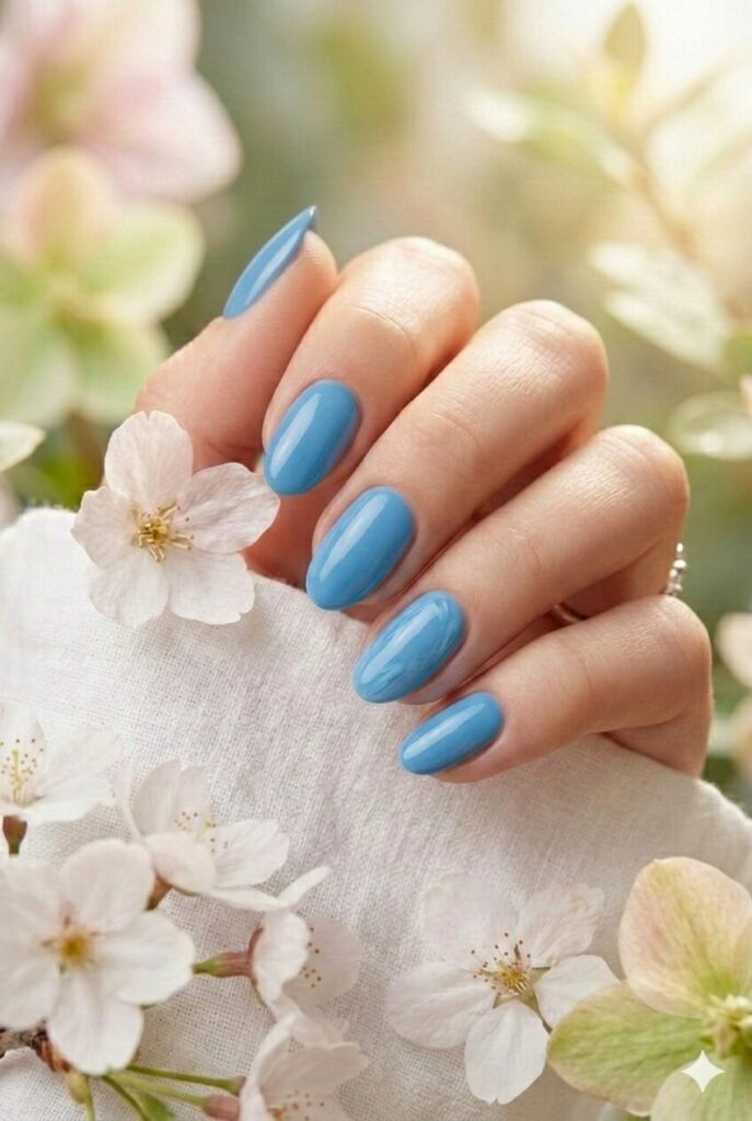 Cerulean blue spring nails with beautiful artistic sky shade, sophisticated cultured calming manicure for spring 2026