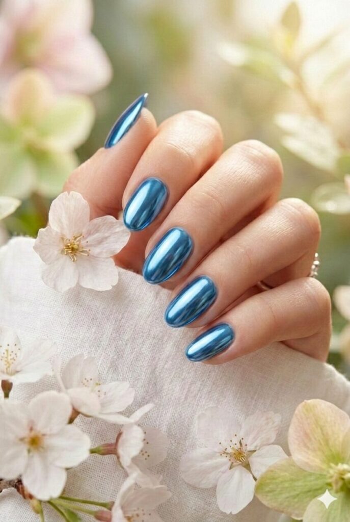 Blue chrome spring nails with metallic mirror-like finish, futuristic modern impressive manicure for spring 2026