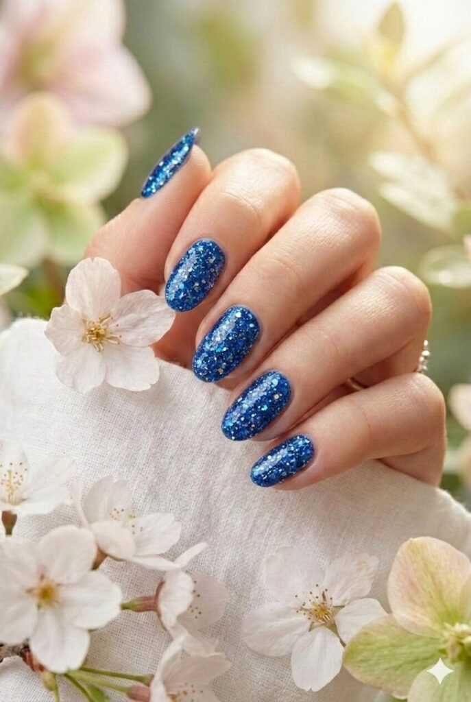 Blue glitter spring nails with full sparkle coverage catching light, festive party celebration manicure for spring 2026