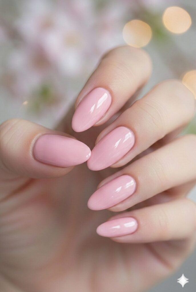 Soft baby pink spring nails with glossy finish on almond shaped nails, feminine pink manicure for spring 2026