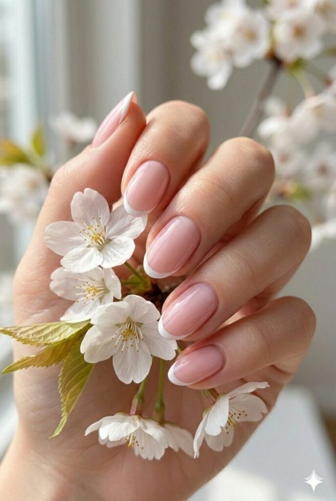 Classic French tip spring nails with white tips on sheer pink base, elegant timeless manicure for spring 2026