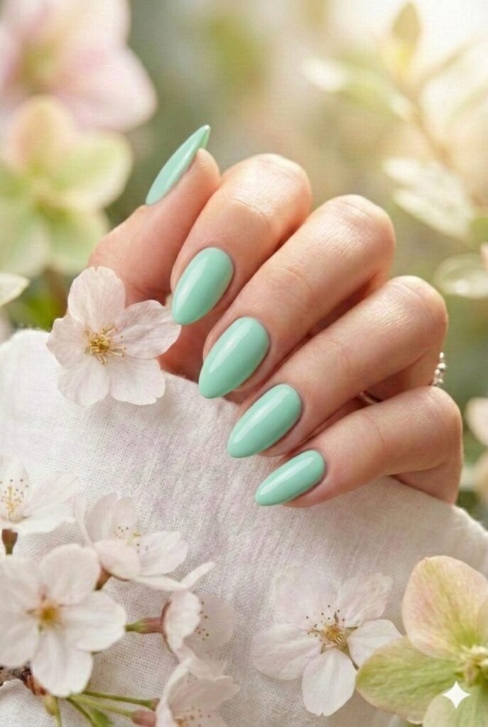 Mint green spring nails with fresh cool shade on almond shaped nails, nature inspired manicure for spring 2026