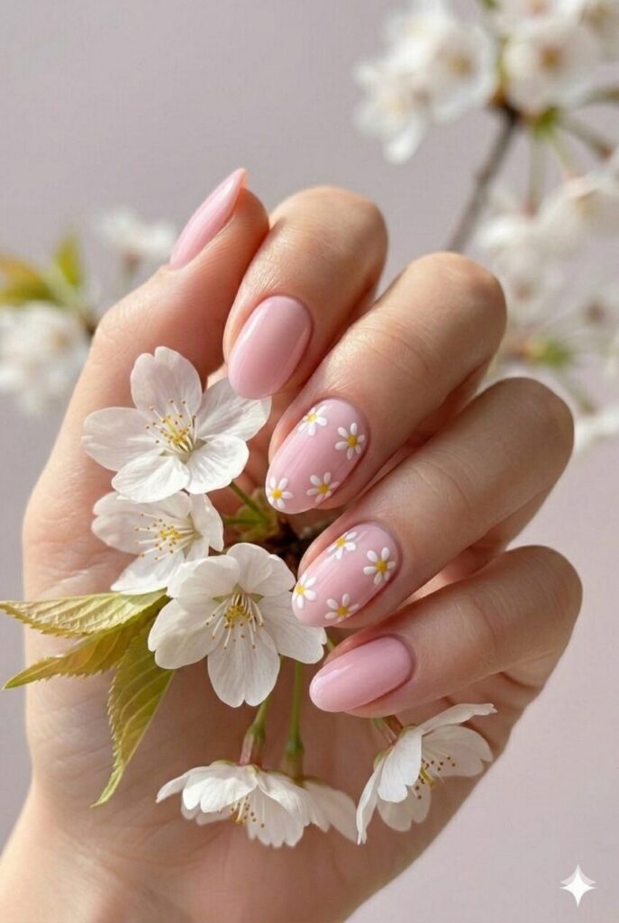 Minimalist daisy spring nails with tiny white daisies and yellow centers on pastel pink base, cute floral manicure for spring 2026