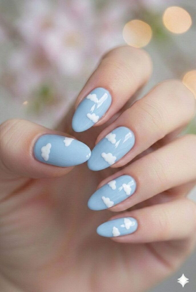 Simple white cloud spring nails with fluffy cloud designs on baby blue base, dreamy cute manicure for spring 2026