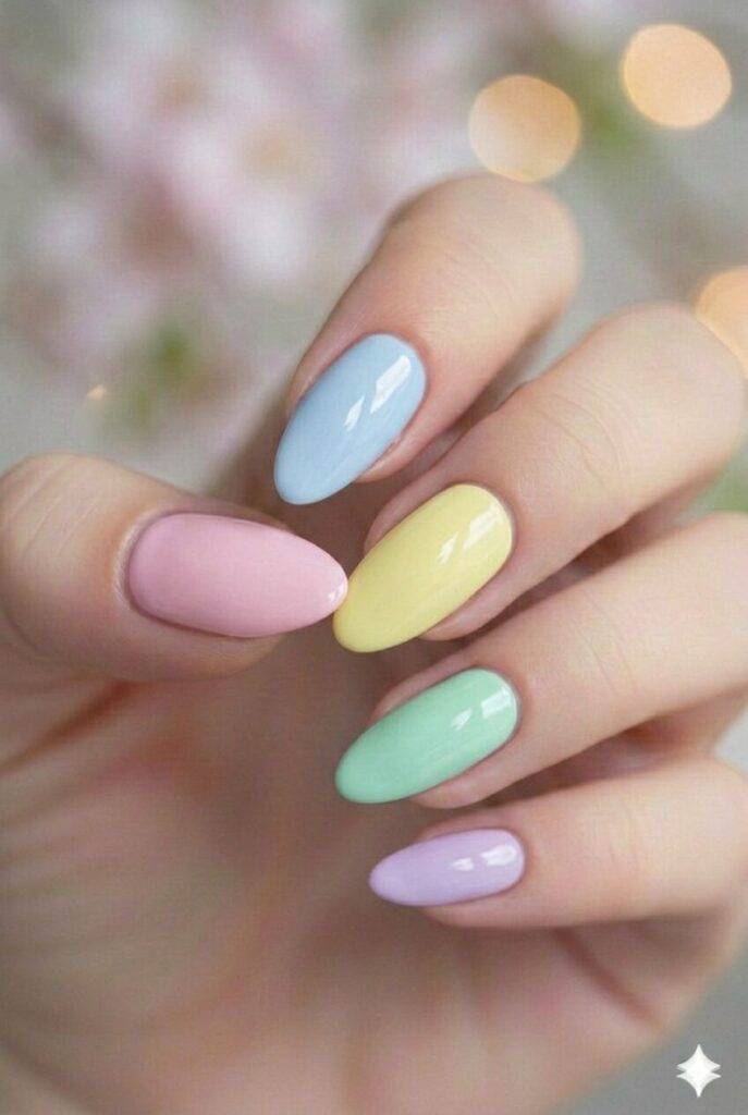  Pastel rainbow spring nails with different pastel color on each finger, colorful cheerful manicure for spring 2026