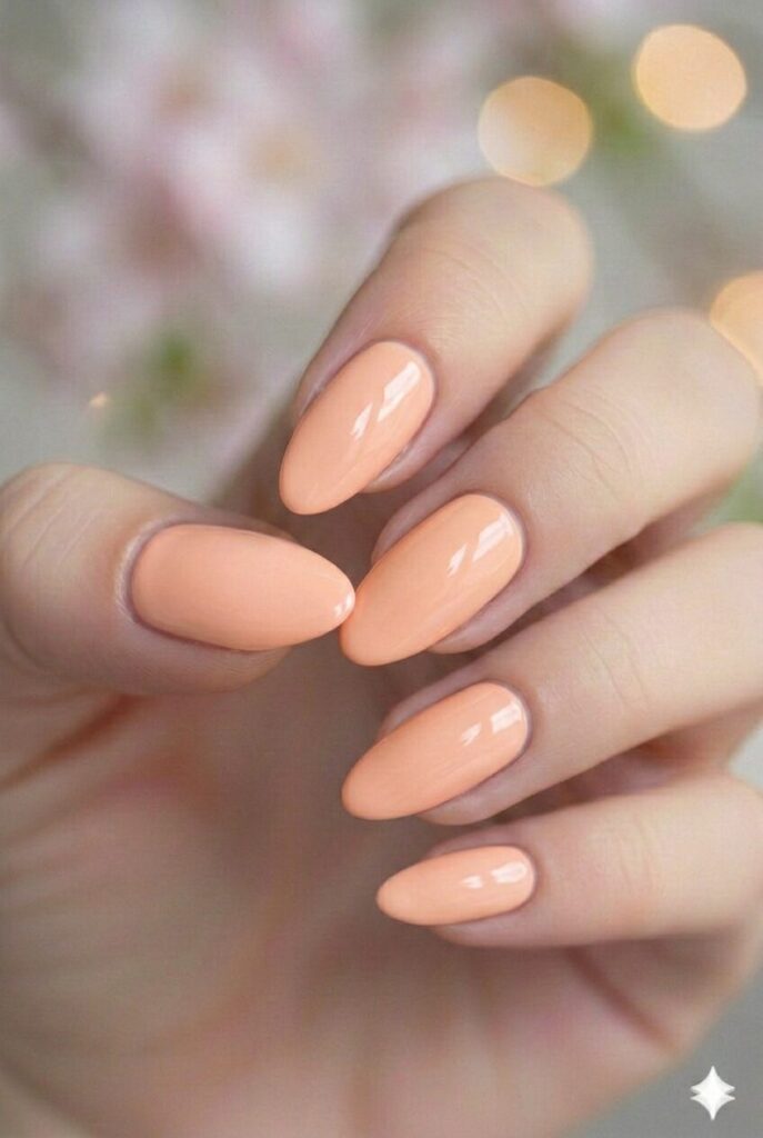 Soft peach spring nails with warm glowing shade on almond shaped nails, flattering sun-kissed manicure for spring 2026
