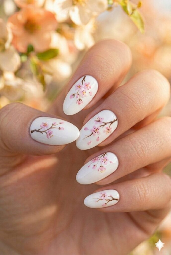 Cherry blossom spring nails with delicate pink flowers and brown branches on white base, romantic floral manicure for spring 2026