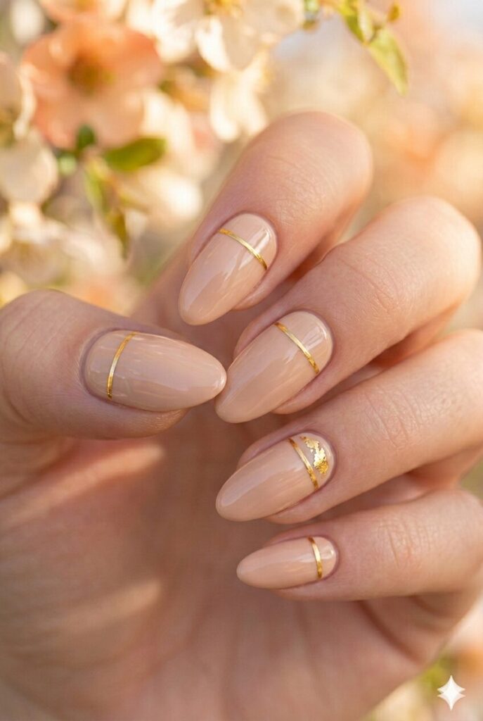 Nude spring nails with thin gold line accents and gold foil details, elegant luxurious manicure for spring 2026
