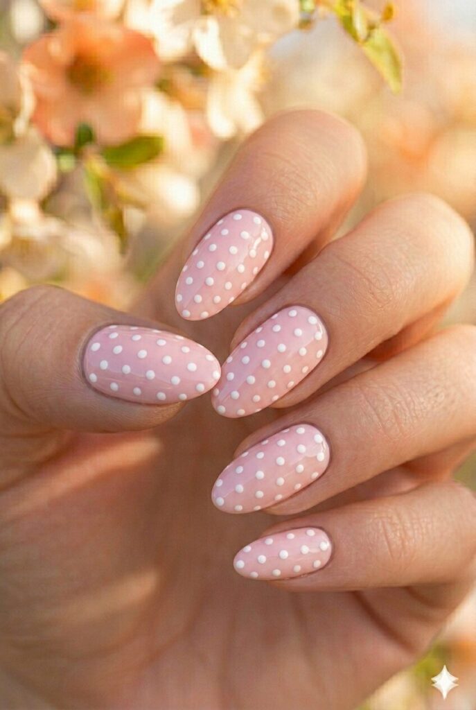 Simple polka dot spring nails with white dots pattern on pastel pink base, cute playful manicure for spring 2026