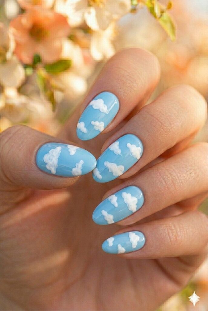 Sky blue spring nails with cheerful blue shade and white cloud designs, happy bright manicure for spring 2026