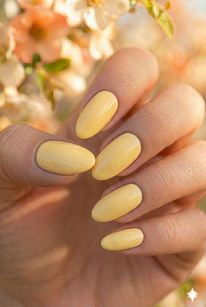 Soft yellow spring nails with butter yellow sunshine shade on oval nails, cheerful happy manicure for spring 2026