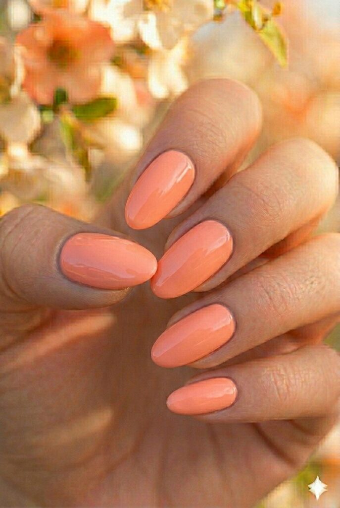 Light coral spring nails with warm vibrant coral shade on almond shaped nails, tropical fresh manicure for spring 2026