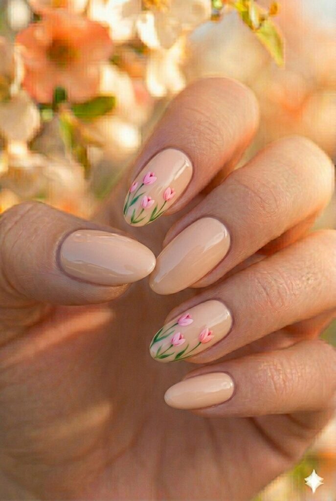 Simple tulip spring nails with tiny pink tulips and green stems on nude base, cute garden inspired manicure for spring 2026