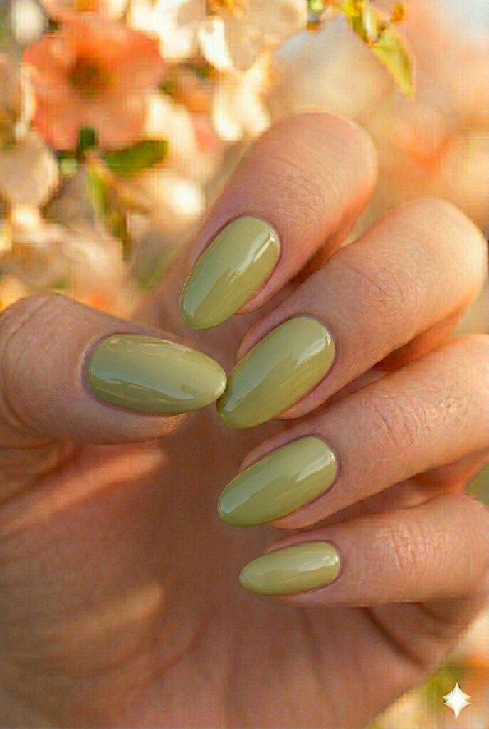 Pistachio green spring nails with trendy earthy warm green shade on oval nails, fashionable unique manicure for spring 2026