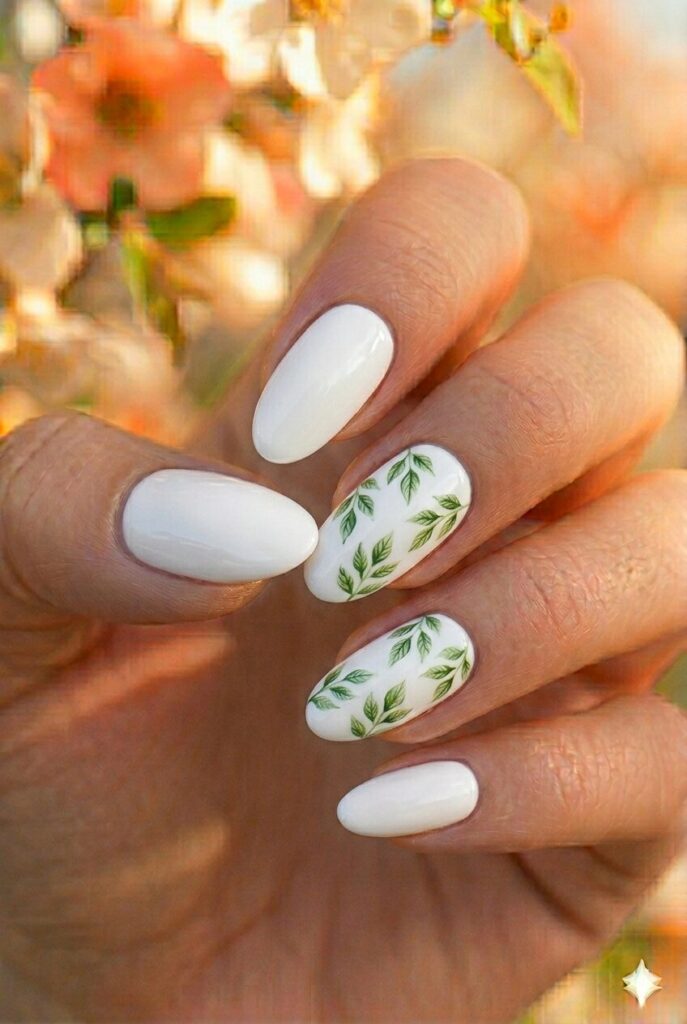 Simple leaf spring nails with tiny green leaves painted on white base, nature inspired botanical manicure for spring 2026