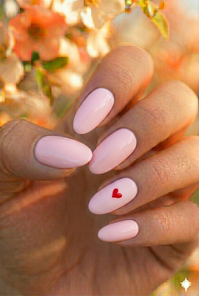 Simple heart accent spring nails with tiny red heart on pastel pink base, cute romantic manicure for spring 2026
