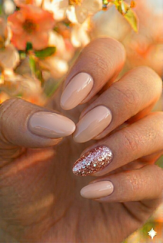 Nude spring nails with rose gold glitter accent nail, elegant sparkly glamorous manicure for spring 2026
