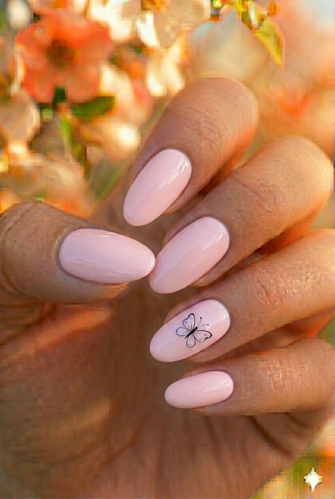 Simple butterfly accent spring nails with tiny butterfly design on pastel base, whimsical feminine manicure for spring 2026