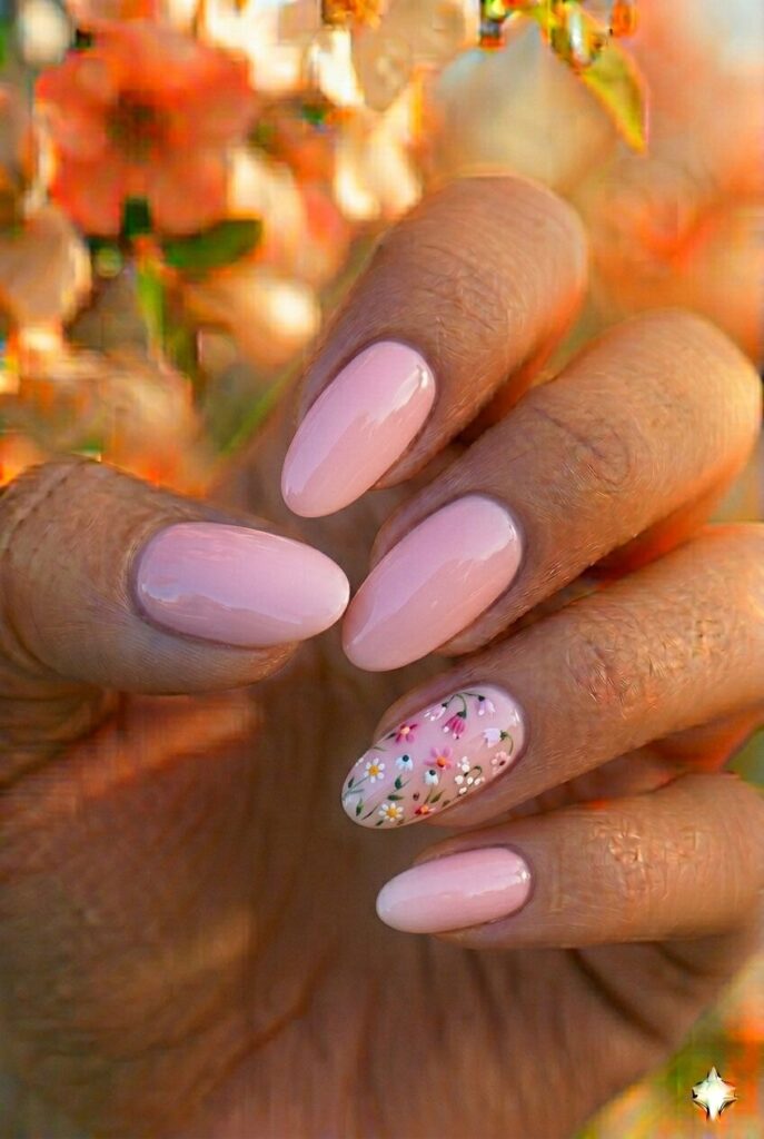 Simple floral accent spring nails with tiny flowers on ring finger and solid pastel pink on other nails, pretty feminine manicure for spring 2026

