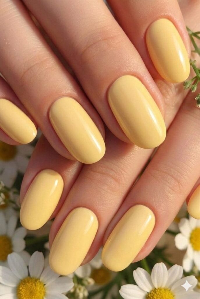 Soft buttercream yellow pastel Easter nails with gentle creamy yellow shade like fluffy Easter chicks, cheerful spring manicure 2026