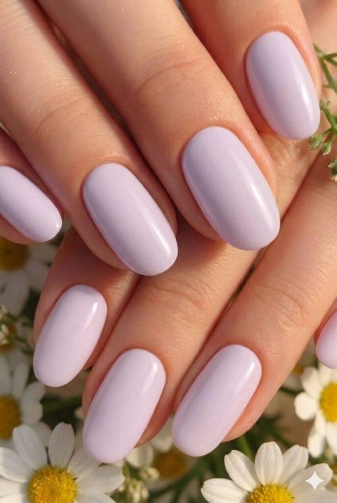 Pale lilac pastel Easter nails with soft dreamy purple shade like spring clouds, romantic feminine manicure 2026