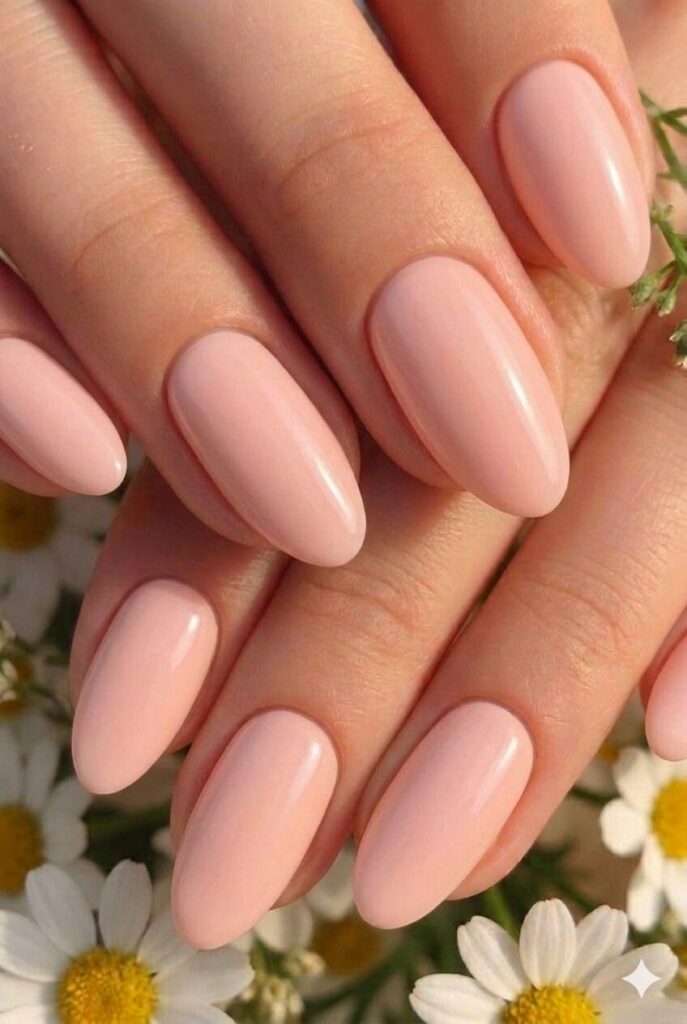 Baby peach pastel Easter nails with delicate pink and orange blend, warm flattering glowing manicure 2026