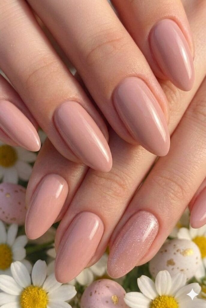 Blush rose pastel Easter nails with romantic pink hint of dusty rose shade, sophisticated elegant manicure 2026