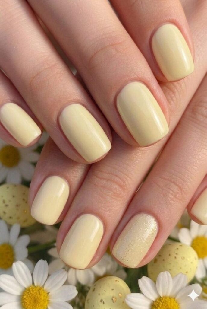 Pale lemon chiffon pastel Easter nails with lighter softer yellow like lemon meringue, gentle cheerful manicure 2026