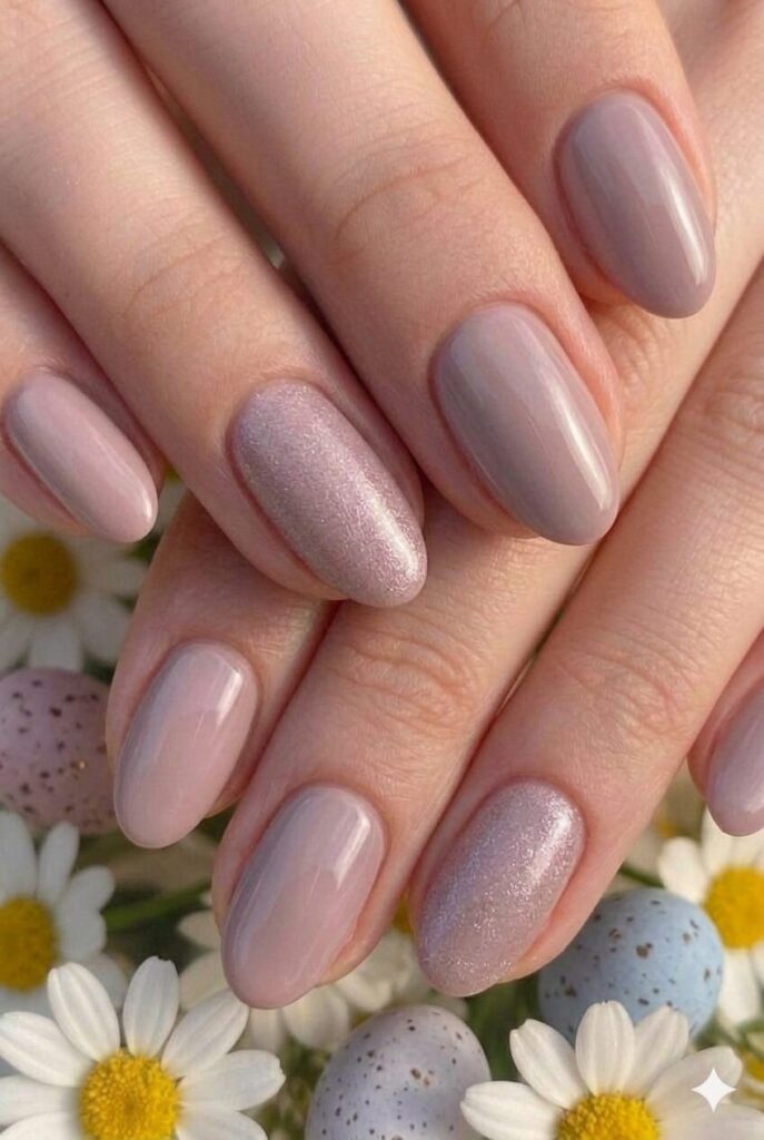 Dusty mauve pastel Easter nails with sophisticated pink purple gray blend, mature elegant refined manicure 2026