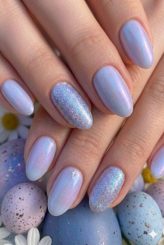 Sky lavender pastel Easter nails with dreamy pale blue and soft lavender blend, magical ethereal manicure 2026