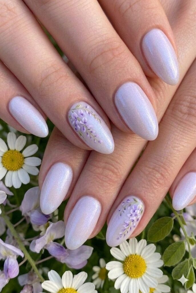 Pale wisteria pastel Easter nails with soft purple blue undertones like hanging wisteria flowers, romantic garden manicure 2026