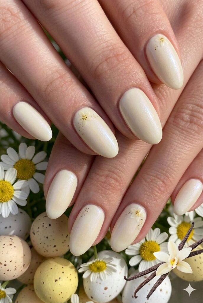 Soft vanilla cream pastel Easter nails with warm white softest yellow undertone like vanilla frosting, elegant versatile manicure 2026