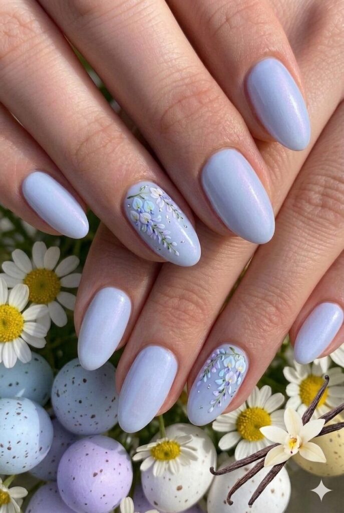  Pale periwinkle pastel Easter nails with unique shade between blue and purple, trendy memorable manicure 2026