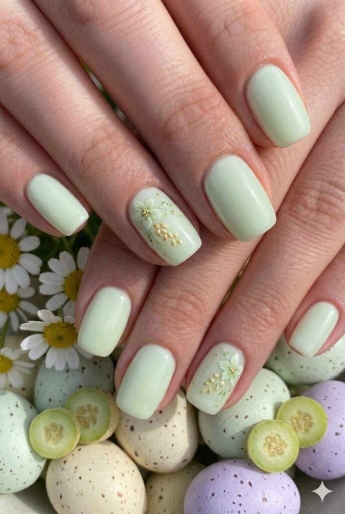 Soft honeydew pastel Easter nails with palest delicate green like honeydew melon, fresh subtle manicure 2026