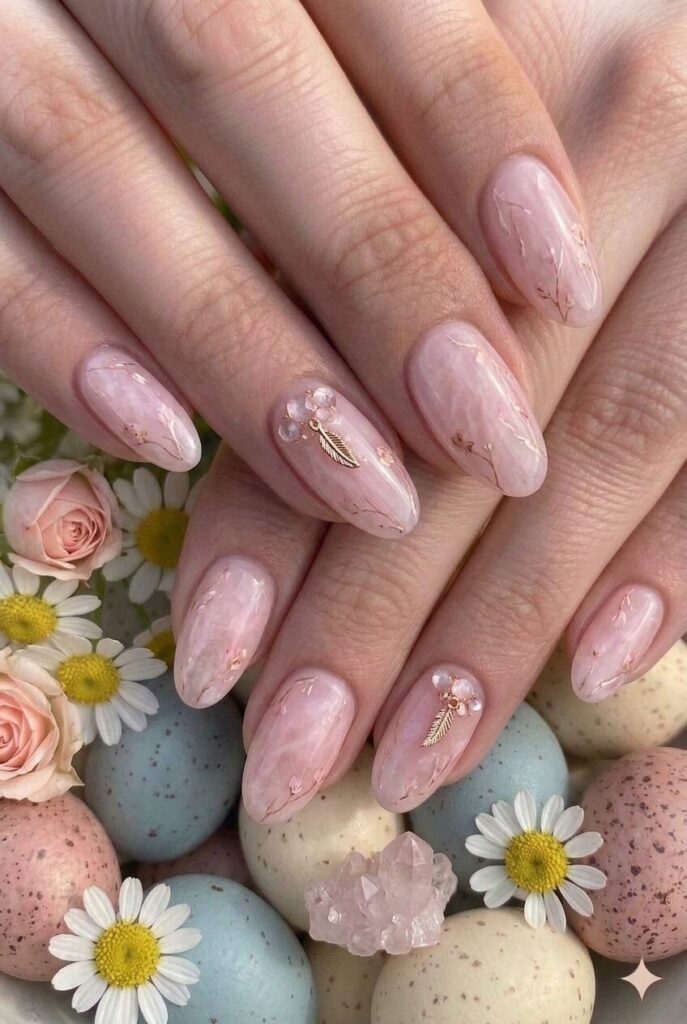 Pale rose quartz pastel Easter nails with soft healing pink inspired by pink crystal, spiritual meaningful manicure 2026